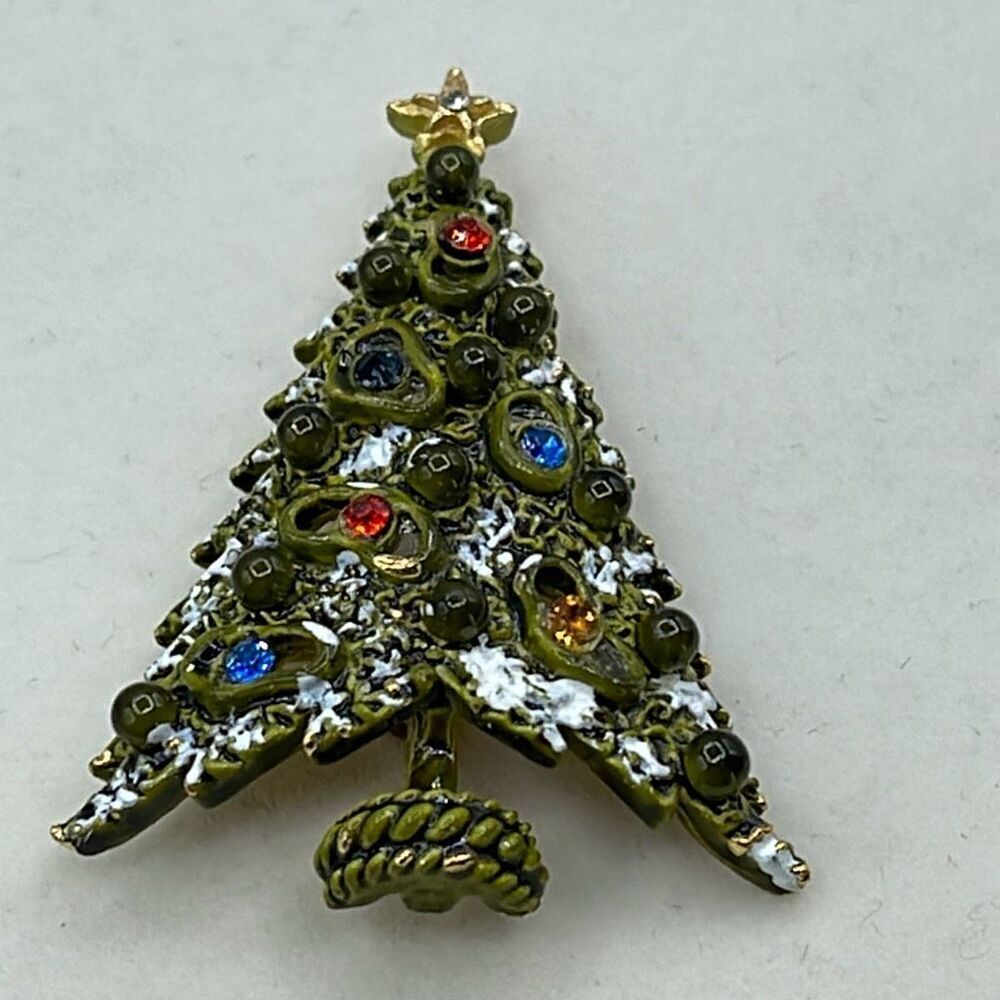 Vintage Art Christmas tree brooch Avacado green rhinestones.